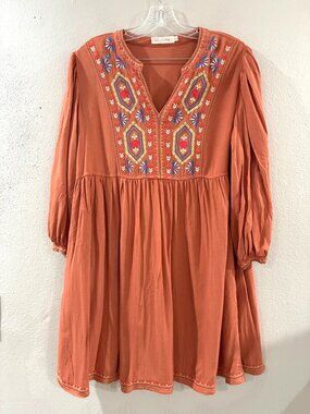 Solitaire Embroidered Boho Dress long sleeve pocket tunic oversized Medium